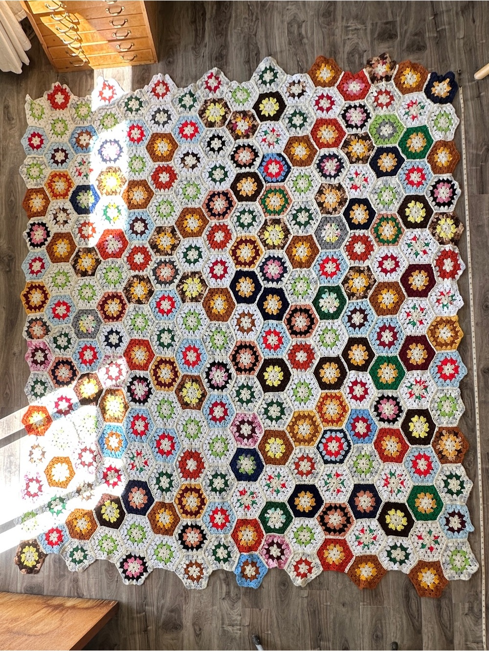 HUGE Handmade Multicolor Hexagon Crochet Throw Rainbow Granny Square Blanket